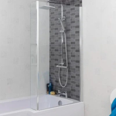 Image of Luxura® 1400 x 800mm Chrome Over Bath Shower Screen with Fixed Return Panels &amp; Screens for Baths Bathroom Frameless L Shape 5mm Clear Safety Glass