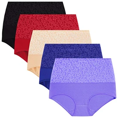 Image of YaShaer Underwear Women High Waist Full Coverage Ladies Briefs Cotton Tummy Control Panties C Section Recovery, 5 Packs Jacquards, XXL