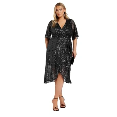 Image of Yours London Curve Sequin Wrap Dress Women&#039;s Plus Size Black