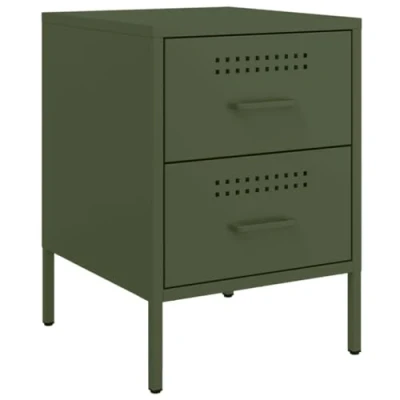 Image of vidaXL Industrial Style Bedside Cabinet with 2 Drawers Olive Green Steel Frame 36x39x50.5 cm Bedroom/Nightstand/Side Table