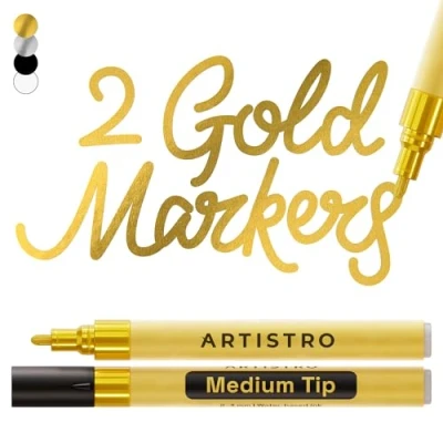 Image of ARTISTRO 2 Gold Acrylic Paint Pens for Rock Ceramic Wood Glass Metal Fabric Plastic 3mm Metallic Markers Ideal Scrapbooking DIY Crafts Art Projects