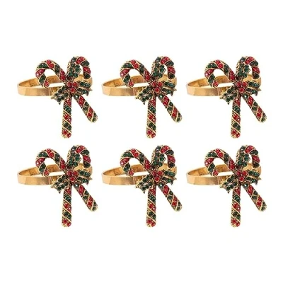 Image of YöL Set Of 6 Deluxe Candy Cane Napkin Rings Christmas Dinner Table Decoration Ring Buckle Sparkly Metal Serviette Holder Festive Party
