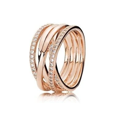 Image of Pandora Timeless 14k Rose gold plated Sparkling &amp; Polished Lines ring with clear cubic zirconia, 50