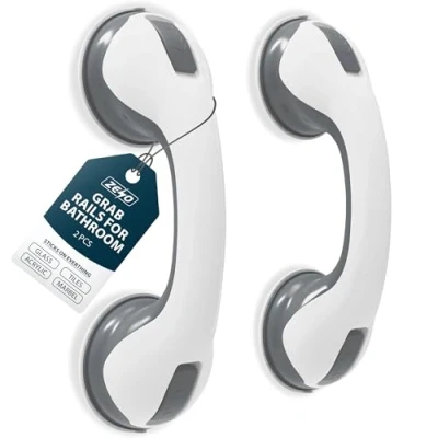 Image of ZENO Grab Rails for Bathroom 2PCS Support Handle Disability Aid Suitable Bath &amp; Shower No Fixings Needed Suction Cup Safety (Grey White)