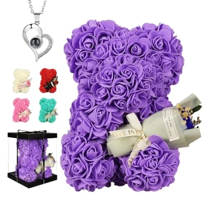 Image of POHOMEGK Birthday Gifts for Her,Rose Bear Women Gifts, Rose flower Teddy Anniversary Wife/Mom/Girlfriend/Daughter (Purple Bear)