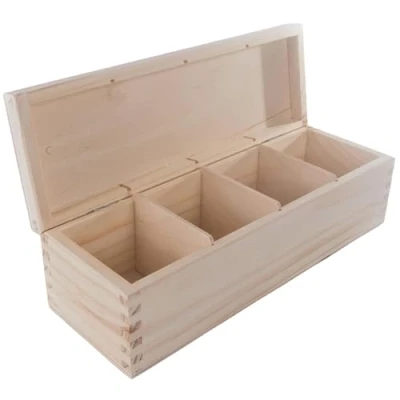 Image of Rectangular Oblong Wooden Box with 4 Sections 29 x 10 8 cm Accessories Storage Case Tea Bag Sewing Jewellery Caddy Organiser Divided Compartments Unpainted Decorative Wood