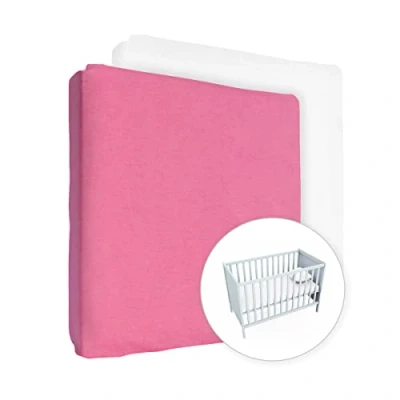 Image of 2X Jersey 100% Cotton Fitted Sheet for 140 x 70 cm Toddler Baby Cot Bed Mattress (Pink + White)