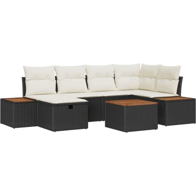 Image of vidaXL 7 Piece Garden Sofa Set with Cushions Black Poly Rattan