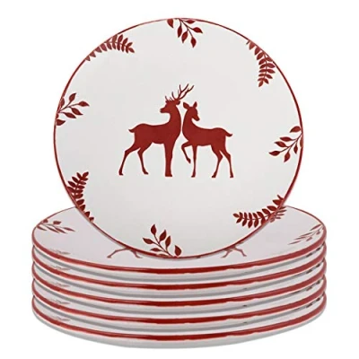 Image of Christmas Dinner Plate Set of 6 Reindeer Stag Print Festive Tableware Stoneware Plates White