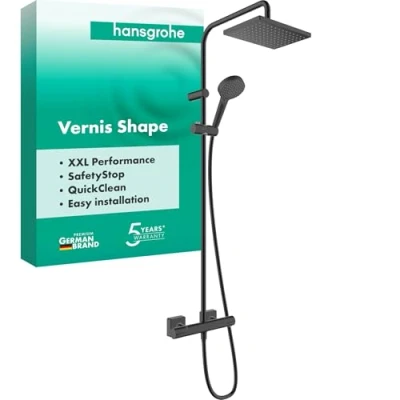 Image of hansgrohe Vernis Shape shower system with thermostat, rainfall head (230 x 170 mm), hand (2 sprays), hose, rail and square (1 spray), matt black, 26286670