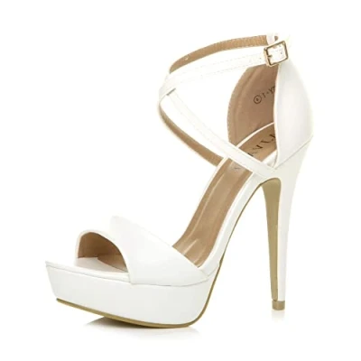 Image of Ajvani Womens Ladies Platform high Heel Peeptoe Cross Over Strappy Shoes, 4 UK, White Matte