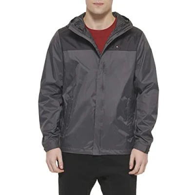 Image of Tommy Hilfiger Men&#039;s Legacy Lightweight Breathable Waterproof Hooded Rain Jacket Raincoat, Black/Charcoal Colorblock, S